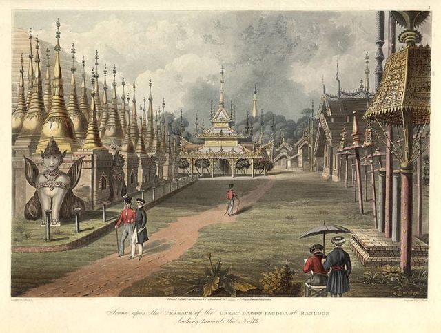 Scene Upon the Entrance of the Great Dagon Pagoda at Rangoon, 1824-6